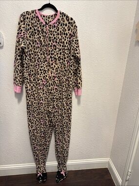 Woman’s Leopard Print One-Piece Pajamas with Pink Trim